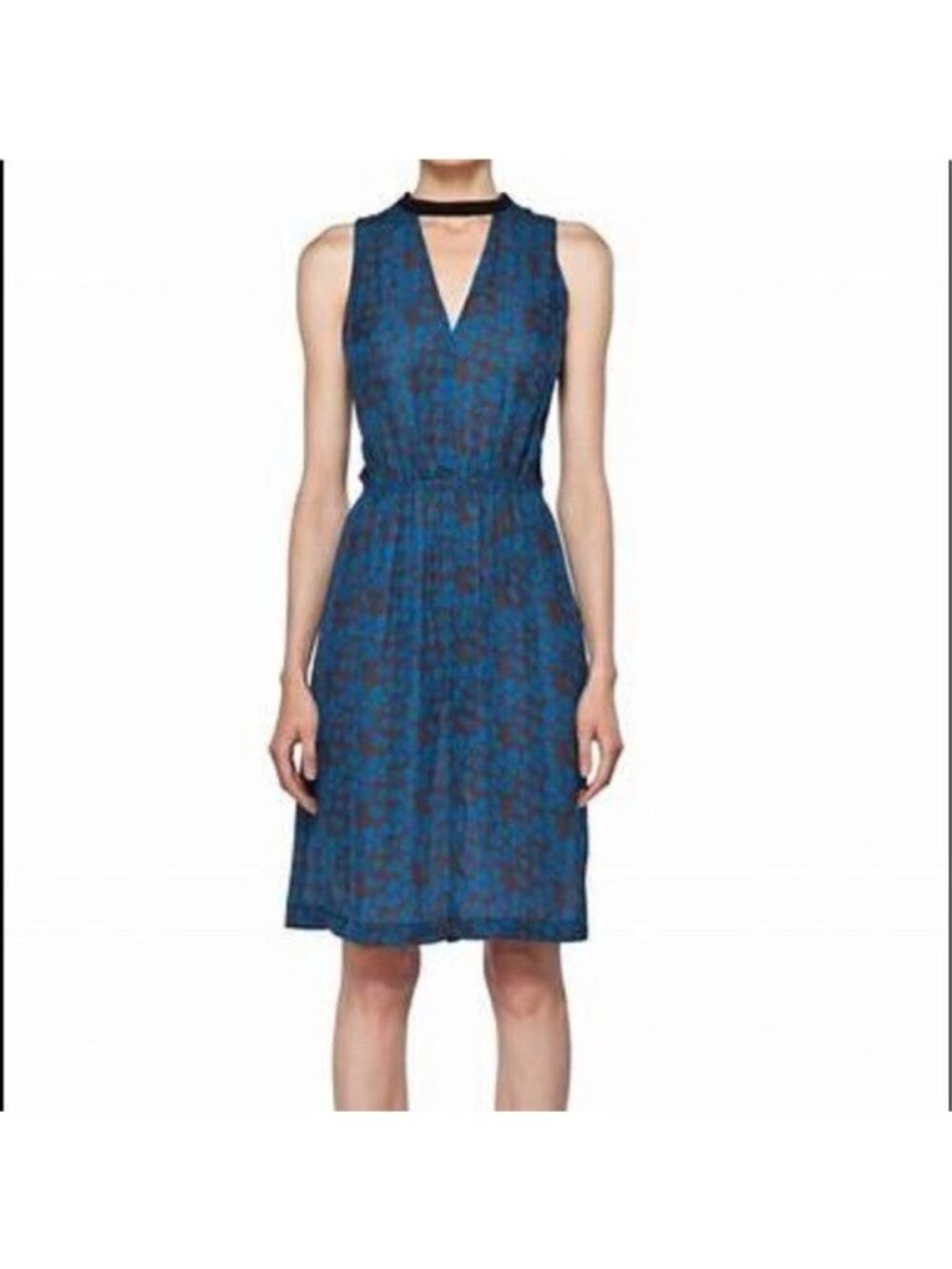 A.L.C Kenyatta Silk V-Neck Cinched Waist Dress Blue Brown Floral Size XS
